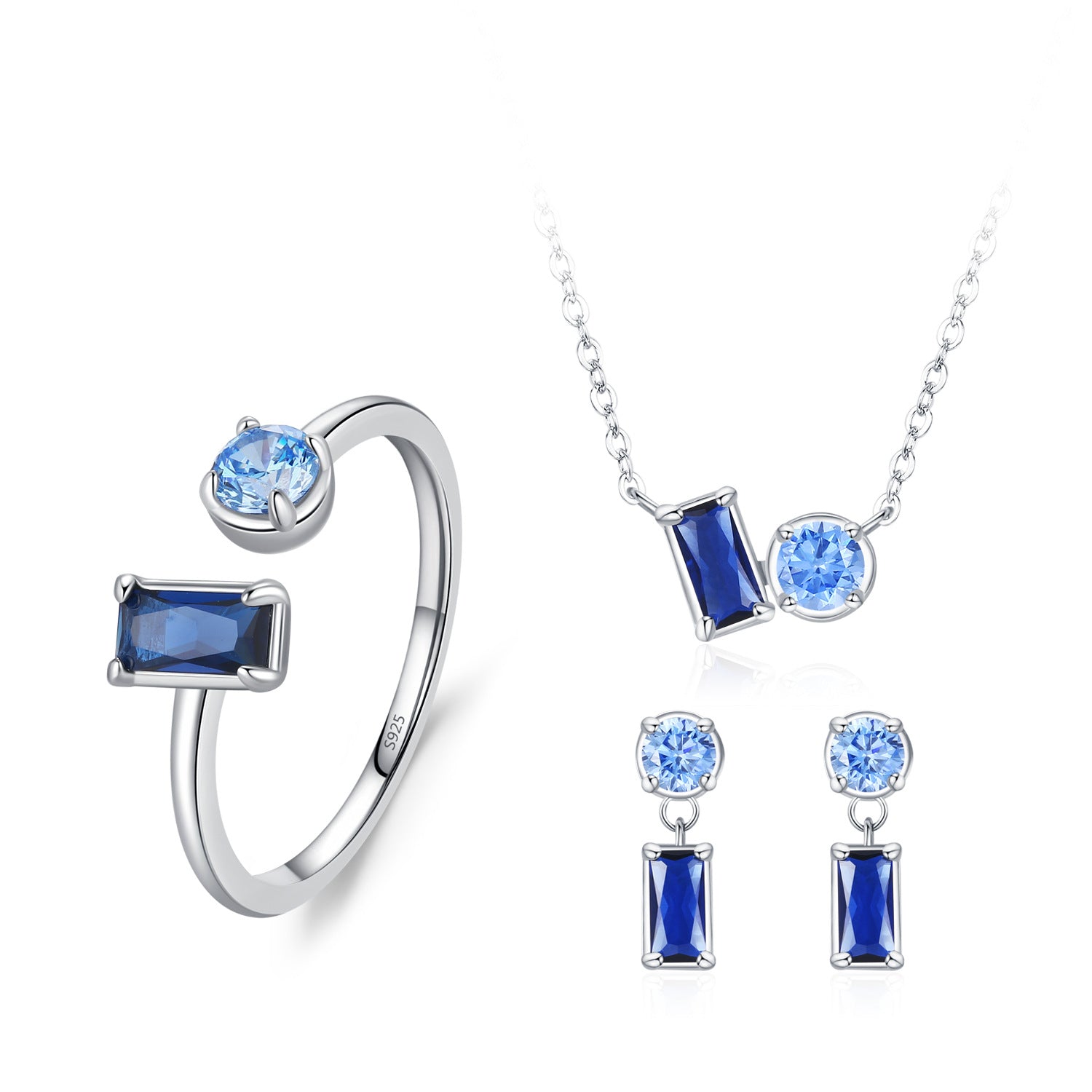 Blue Crystal Jewelry Set - Ring, Necklace & Earrings S925 Silver